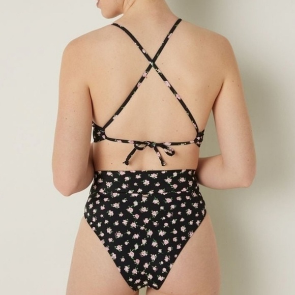 NWT Victoria's Secret PINK V Crossover High-Waist Bikini Bottom Black Floral - Picture 6 of 6